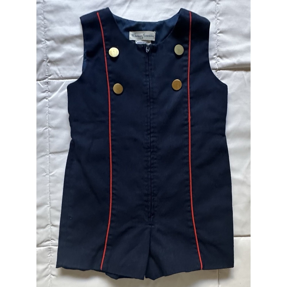 Vtg Florence EISEMAN 4T Blue Romper Shorts Red Stripe Zipper